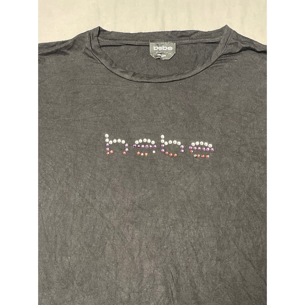 Bebe Womens Black Rhinestone Logo T-Shirt Short Sleeve Y2K Rayon Top Size M - Picture 2 of 9